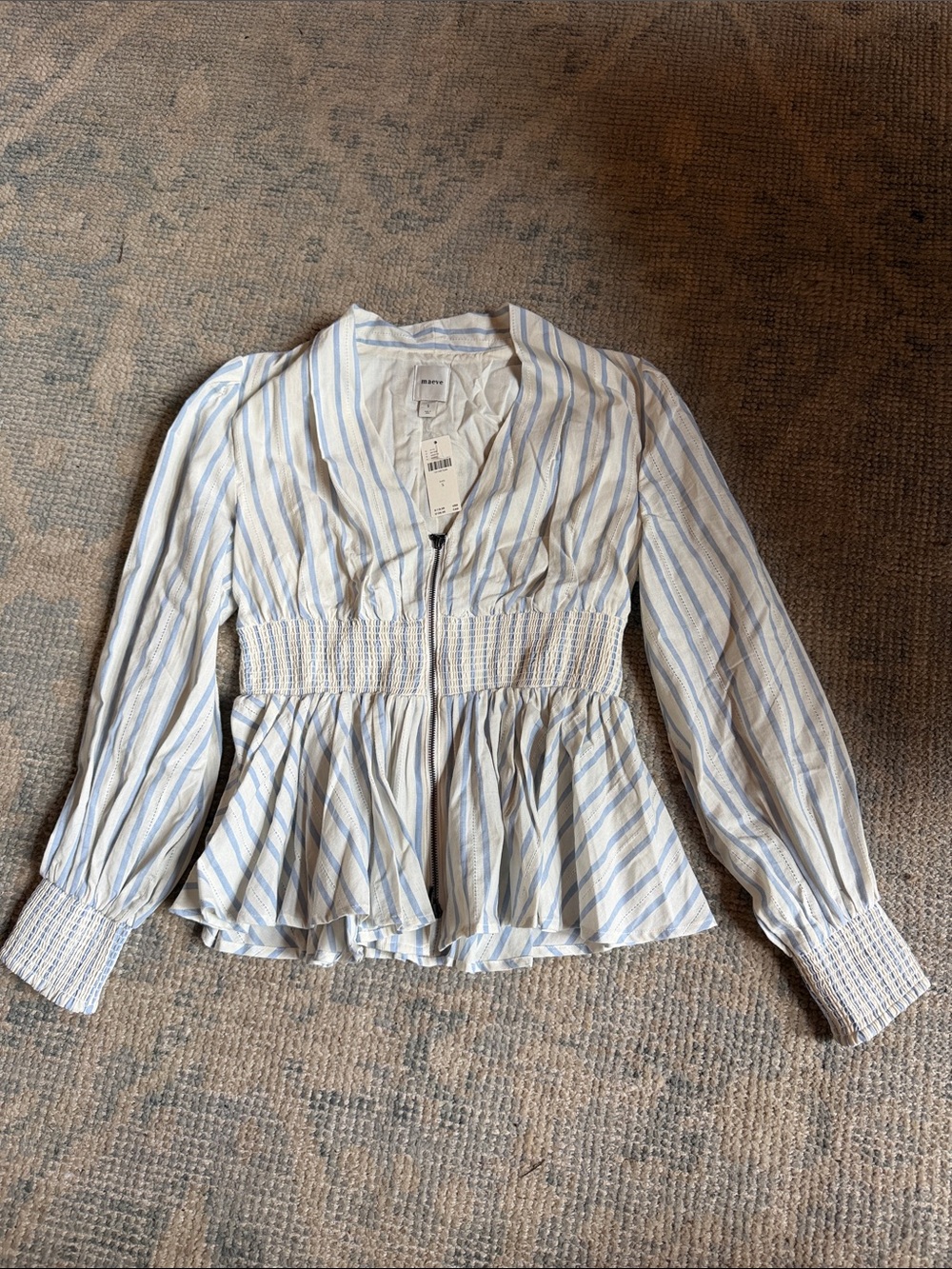 Women’s Maeve Light Blue Striped Smocked Waist Peplum Blouse Anthropologie NWT